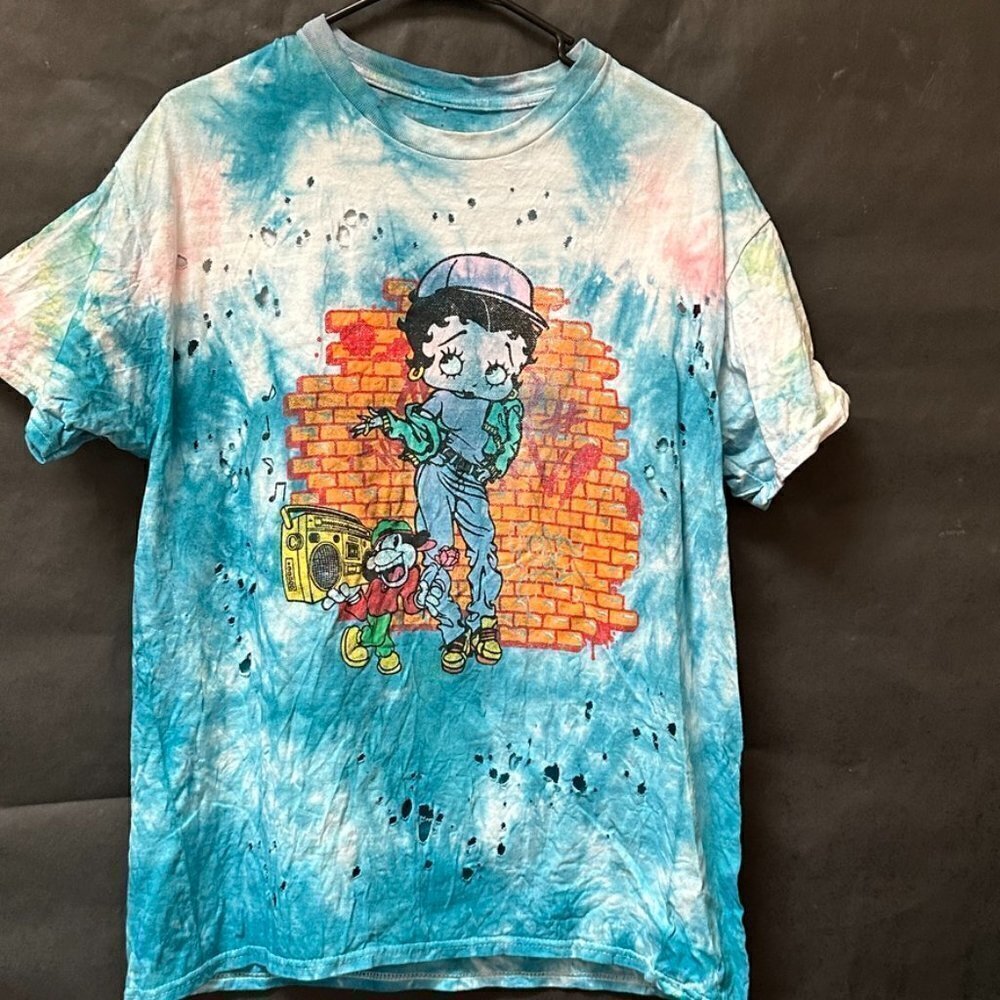 Betty Boop Size Medium Tee Shirt Cotton Tie Dyed Holes Tie Dye Blue Handmade - Picture 2 of 8